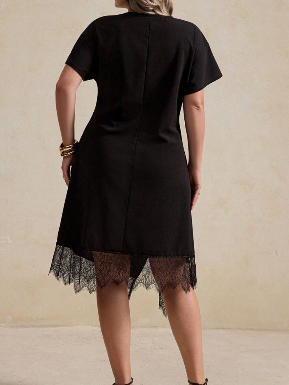 Black Casual Women's Asymmetrical Hem Twist Lace Patchwork Short Sleeve Dress - Picture 2 of 6